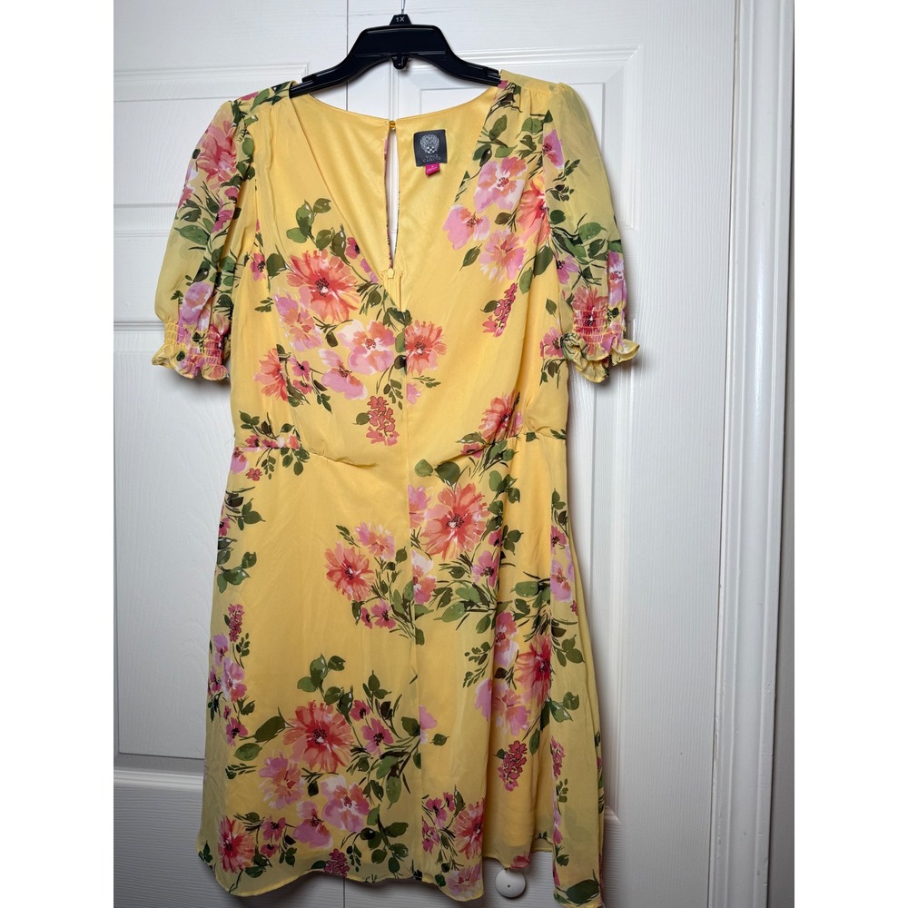 Vince Camuto Yellow Floral Puff Sleeve Chiffon V-Neck Dress Womens 16